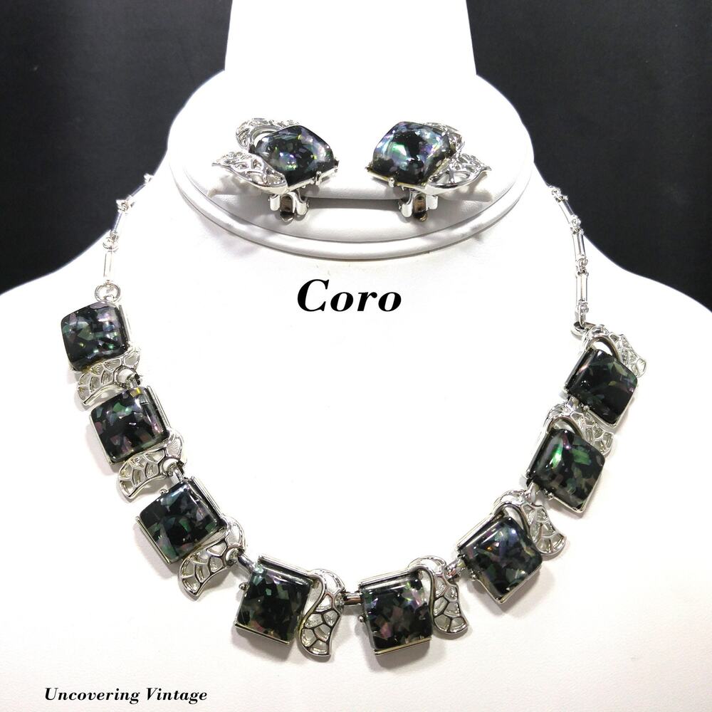 Coro Confetti Lucite Necklace Clip Earrings, 1950s Vintage Jewelry